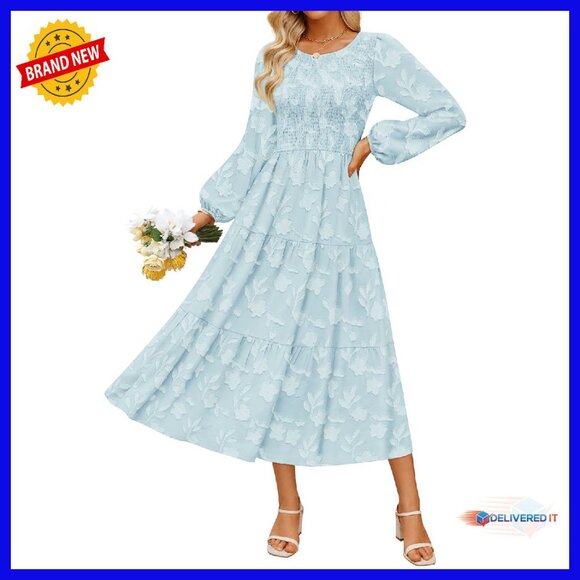 Boho Floral Midi Dress Long Sleeve Crewneck A-Line Fall Wedding Guest - Picture 1 of 8
